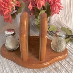 Vintage 1960s Salt & Pepper Shakers Cut Glass Beveled & Pfalzgraff napkin holder